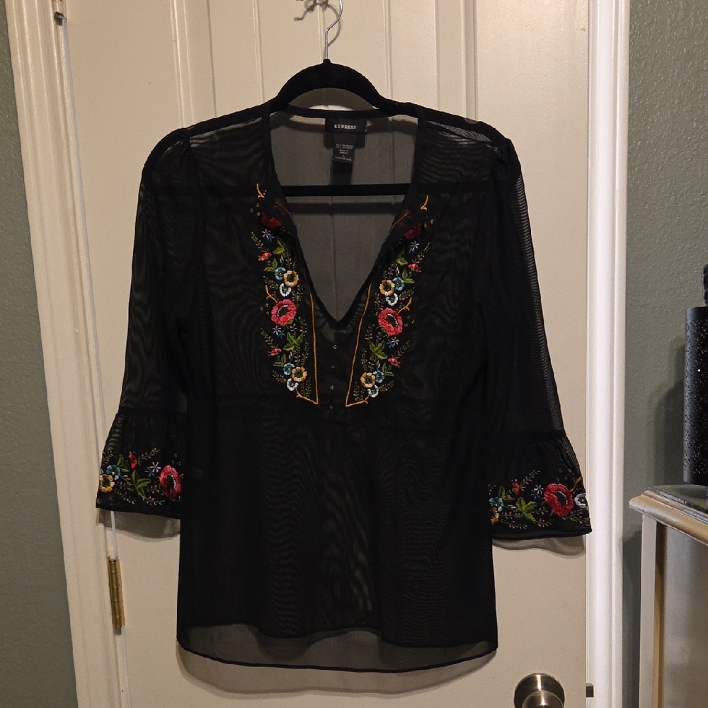Express Black Floral Embroidered Blouse